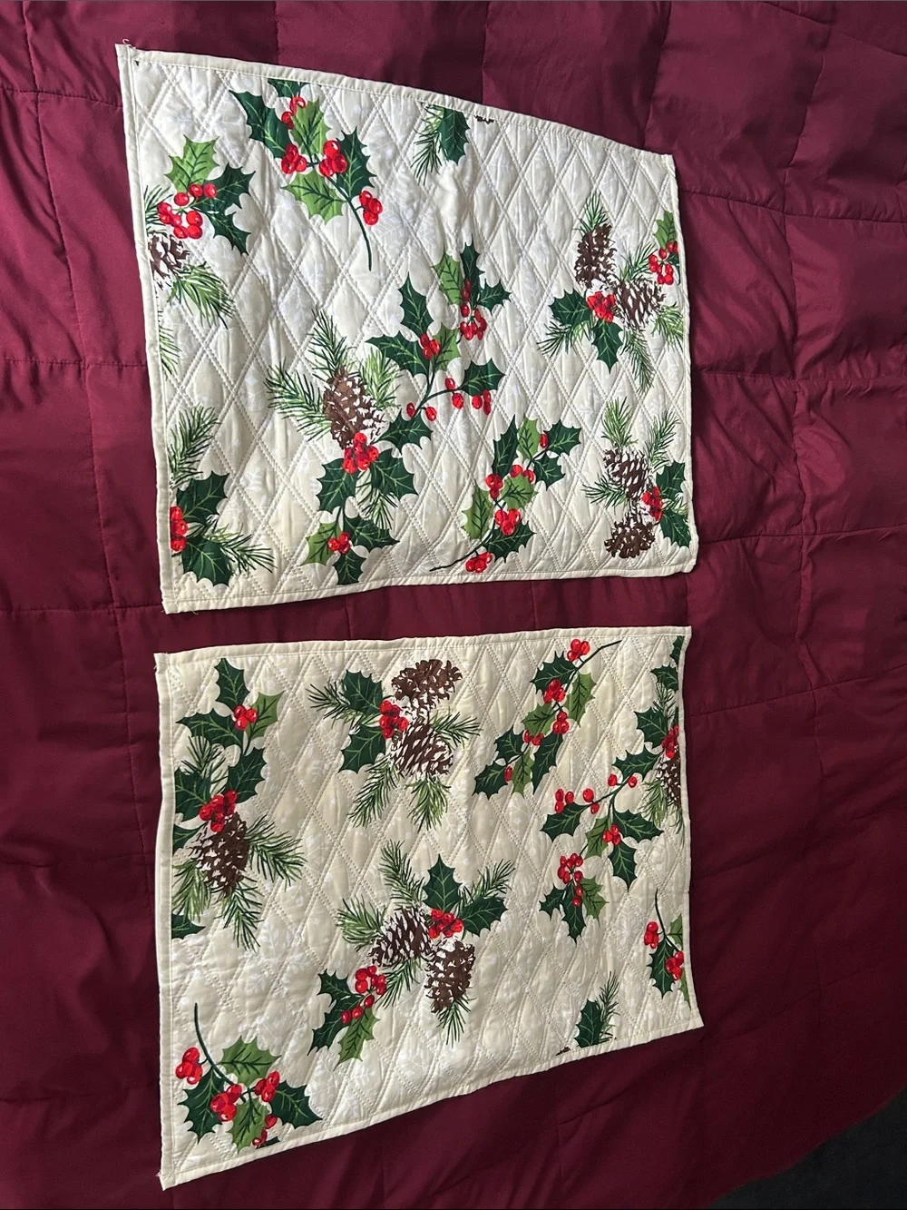 Martha Stewart quilted fabric shams holiday holly berries, leaves, pinecones